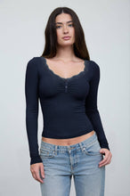 Load image into Gallery viewer, LACE TRIM BUTTON DETAIL LONG SLEEVE KNIT TOP : DARK BROWN
