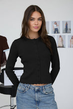 Load image into Gallery viewer, SCALLOPED BUTTON DETAIL LONG SLEEVE KNIT CARDIGAN : BLACK