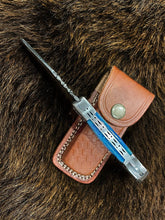 Load image into Gallery viewer, Pocket Knife Dyed Blue Bone 6.5'' Damascus Steel Knife Steel
