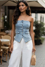 Load image into Gallery viewer, Strapless Button-Up Stretch Denim Corset Top: Light Denim / M