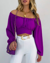 Load image into Gallery viewer, Crop Top Balloon Sleeve Straight-Neck Shirt: White / L