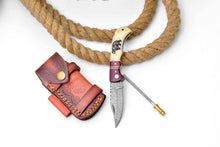 Load image into Gallery viewer, Bear Engraved Damascus Folding Knife with Leather Sheath