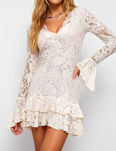 Load image into Gallery viewer, Ladies Lace Scalloped Trim V-Neck Tiered Ruffle Mini Dress: Ivory / XL