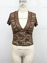 Load image into Gallery viewer, Deep V-Neck Floral Lace Short Sleeve Top: Black / S