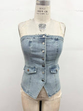 Load image into Gallery viewer, Strapless Button-Up Stretch Denim Corset Top: Light Denim / S