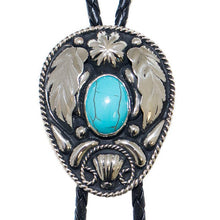 Load image into Gallery viewer, Turquoise Stone on Oval German Silver Bolo Tie with Feathers
