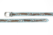 Load image into Gallery viewer, Turquoise Tooled Floral Belt Brown Accents ABB WST 09