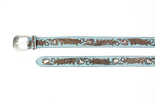 Load image into Gallery viewer, Turquoise Tooled Floral Belt Brown Accents ABB WST 09