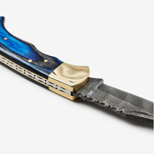 Load image into Gallery viewer, Blue Diamond Wood folding knife with Leather Sheath