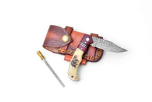 Load image into Gallery viewer, Bear Engraved Damascus Folding Knife with Leather Sheath