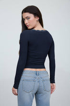 Load image into Gallery viewer, LACE TRIM BUTTON DETAIL LONG SLEEVE KNIT TOP : DARK BROWN