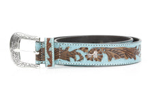 Load image into Gallery viewer, Turquoise Tooled Floral Belt Brown Accents ABB WST 09