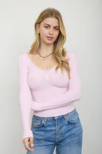 Load image into Gallery viewer, LACE TRIM BUTTON DETAIL LONG SLEEVE KNIT TOP : DARK BROWN