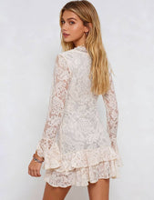 Load image into Gallery viewer, Ladies Lace Scalloped Trim V-Neck Tiered Ruffle Mini Dress: Ivory / XL