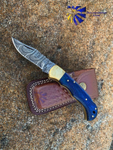 Load image into Gallery viewer, Blue Diamond Wood folding knife with Leather Sheath