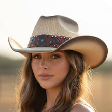 Load image into Gallery viewer, Floral Concho Band Two Tone Straw Cowboy Hat: BE