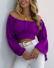 Load image into Gallery viewer, Crop Top Balloon Sleeve Straight-Neck Shirt: White / S