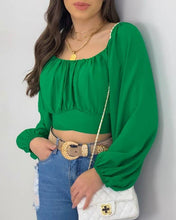 Load image into Gallery viewer, Crop Top Balloon Sleeve Straight-Neck Shirt: White / S