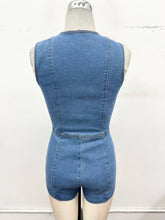 Load image into Gallery viewer, Zip-Front Stretch Denim Romper: Medium Denim / S