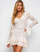 Load image into Gallery viewer, Ladies Lace Scalloped Trim V-Neck Tiered Ruffle Mini Dress: Ivory / S