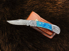 Load image into Gallery viewer, Pocket Knife Dyed Blue Bone 6.5'' Damascus Steel Knife Steel