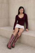 Load image into Gallery viewer, LACE TRIM BUTTON DETAIL LONG SLEEVE KNIT TOP : DARK BROWN
