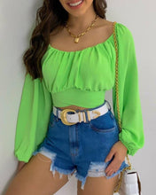 Load image into Gallery viewer, Crop Top Balloon Sleeve Straight-Neck Shirt: White / S