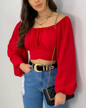 Load image into Gallery viewer, Crop Top Balloon Sleeve Straight-Neck Shirt: White / S