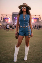 Load image into Gallery viewer, Zip-Front Stretch Denim Romper: Medium Denim / S