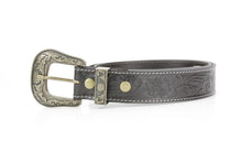 Load image into Gallery viewer, Black Tooled Leather Belt with Floral Filigree ABB 14-2630