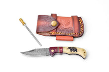 Load image into Gallery viewer, Bear Engraved Damascus Folding Knife with Leather Sheath