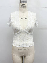 Load image into Gallery viewer, Deep V-Neck Floral Lace Short Sleeve Top: Black / S