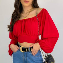 Load image into Gallery viewer, Crop Top Balloon Sleeve Straight-Neck Shirt: White / S