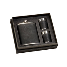 Load image into Gallery viewer, Black Leatherette Flask &amp; Stainless Steel Shot Glass Set