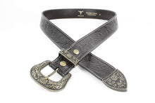 Load image into Gallery viewer, Black Tooled Leather Belt with Floral Filigree ABB 14-2630