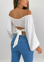 Load image into Gallery viewer, Crop Top Balloon Sleeve Straight-Neck Shirt: White / XL