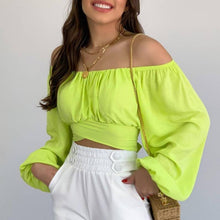 Load image into Gallery viewer, Crop Top Balloon Sleeve Straight-Neck Shirt: White / XL