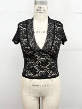 Load image into Gallery viewer, Deep V-Neck Floral Lace Short Sleeve Top: Black / L