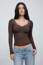 Load image into Gallery viewer, LACE TRIM BUTTON DETAIL LONG SLEEVE KNIT TOP : DARK BROWN
