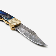 Load image into Gallery viewer, Blue Diamond Wood folding knife with Leather Sheath