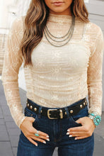 Load image into Gallery viewer, Floral Print Western Mesh Ruched Long Sleeve Top | S-XL: Jet Stream / M