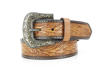 Load image into Gallery viewer, Tan Tooled Leather Floral Belt Unisex Western RMB 14-2502