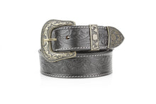 Load image into Gallery viewer, Black Tooled Leather Belt with Floral Filigree ABB 14-2630
