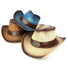 Load image into Gallery viewer, Floral Concho Band Two Tone Straw Cowboy Hat: BE