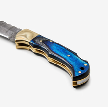 Load image into Gallery viewer, Blue Diamond Wood folding knife with Leather Sheath