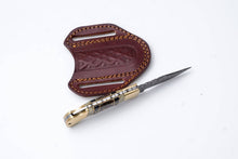Load image into Gallery viewer, Brass &amp; Bone Damascus Folding Knife with Leather Sheath