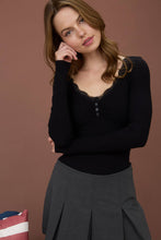 Load image into Gallery viewer, LACE TRIM BUTTON DETAIL LONG SLEEVE KNIT TOP : BLACK