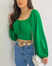 Load image into Gallery viewer, Crop Top Balloon Sleeve Straight-Neck Shirt: White / S
