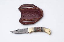 Load image into Gallery viewer, Brass &amp; Bone Damascus Folding Knife with Leather Sheath