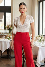 Load image into Gallery viewer, Deep V-Neck Floral Lace Short Sleeve Top: Black / L